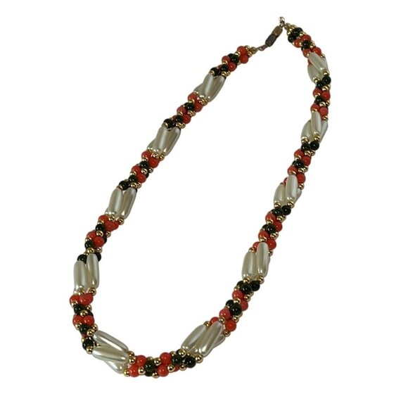 Vtg Retro Handmade Twisted Orange Black Gold Faux Pearl 17" Necklace - Picture 1 of 5